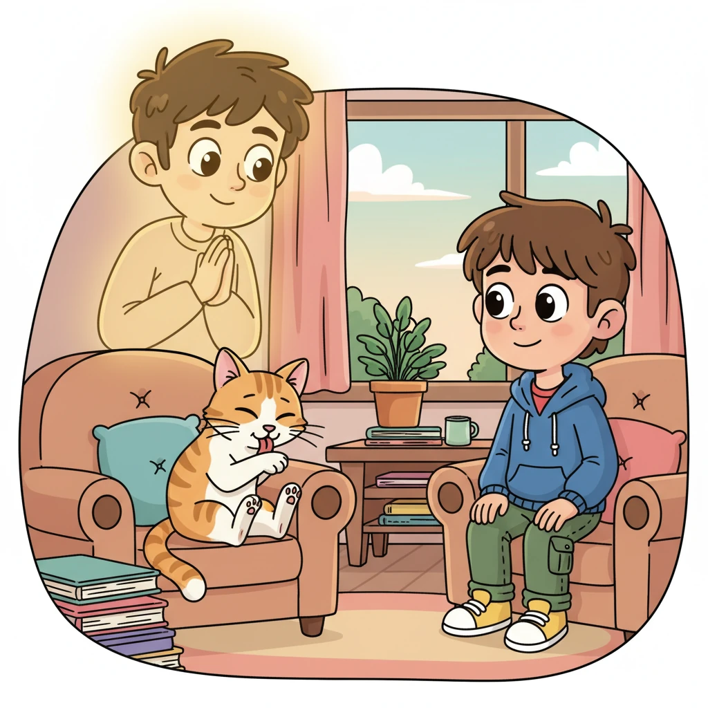 From his spectral vantage point, Hiroshi smiles, a warm, golden glow emanating from his translucent form. He gives a silent, approving nod to Kiko, who is now calmly grooming a paw, her mission accomplished. The boy, now safe, looks back at the cat with a newfound respect and a small, grateful smile.