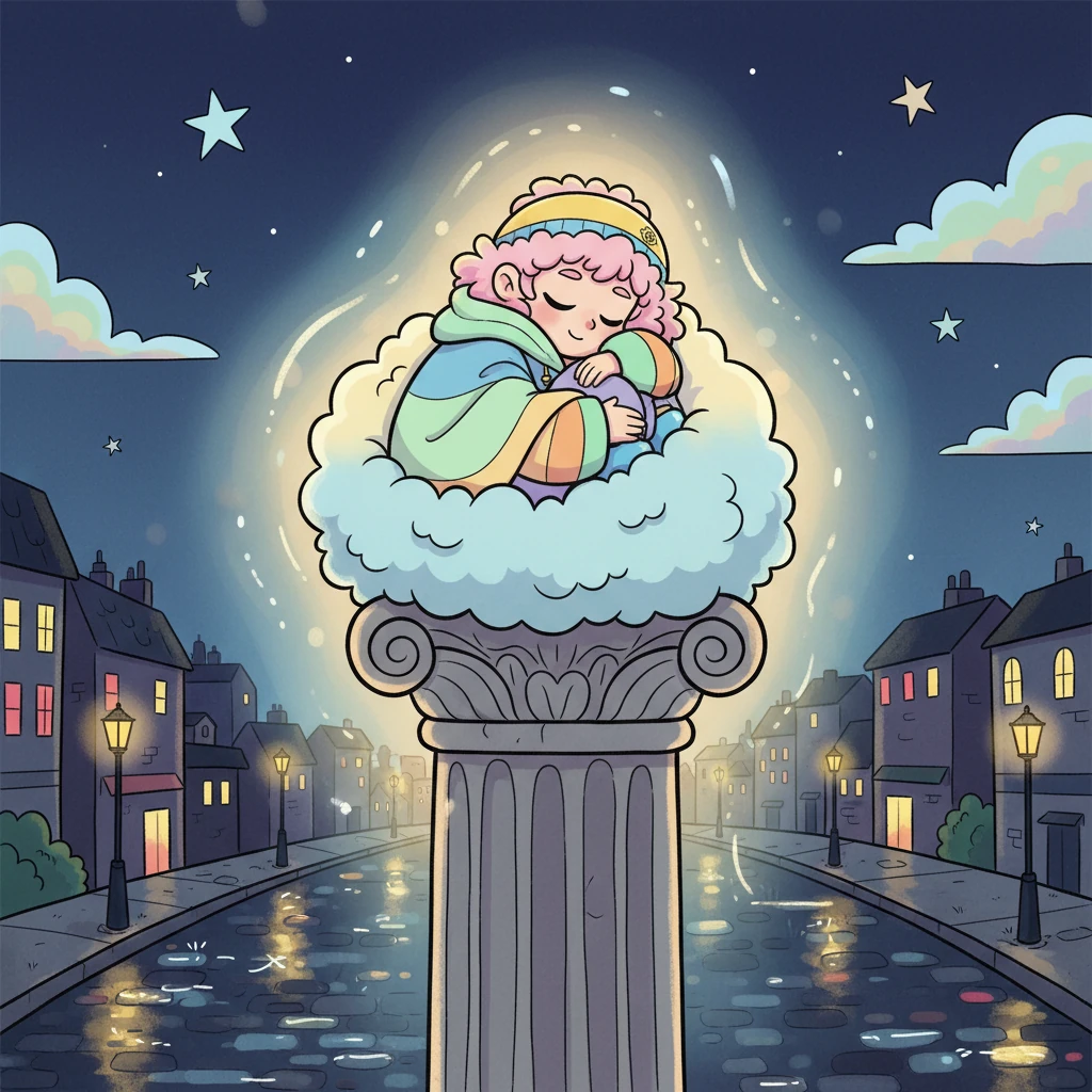 As dusk deepens into night, the rain eases, leaving the streets shimmering with reflections of city lights. Kiko, her watch complete, curls up into a magnificent, fluffy ball on her pillar, her breathing soft and even. Hiroshi's presence remains, a gentle, protective aura surrounding her, a silent promise of enduring care.