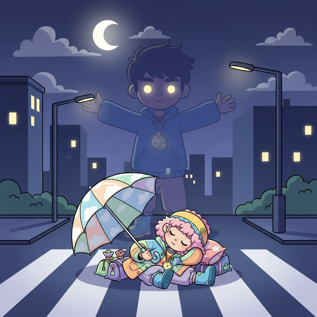 The crosswalk is quiet now, save for the distant hum of the city, and the moon peeks through the clouds, casting a soft glow. Kiko sleeps soundly, dreaming of busy streets and safe crossings, while Hiroshi's faint, benevolent shadow stands eternal guard over the sleeping city, a silent protector in the heart of the night.