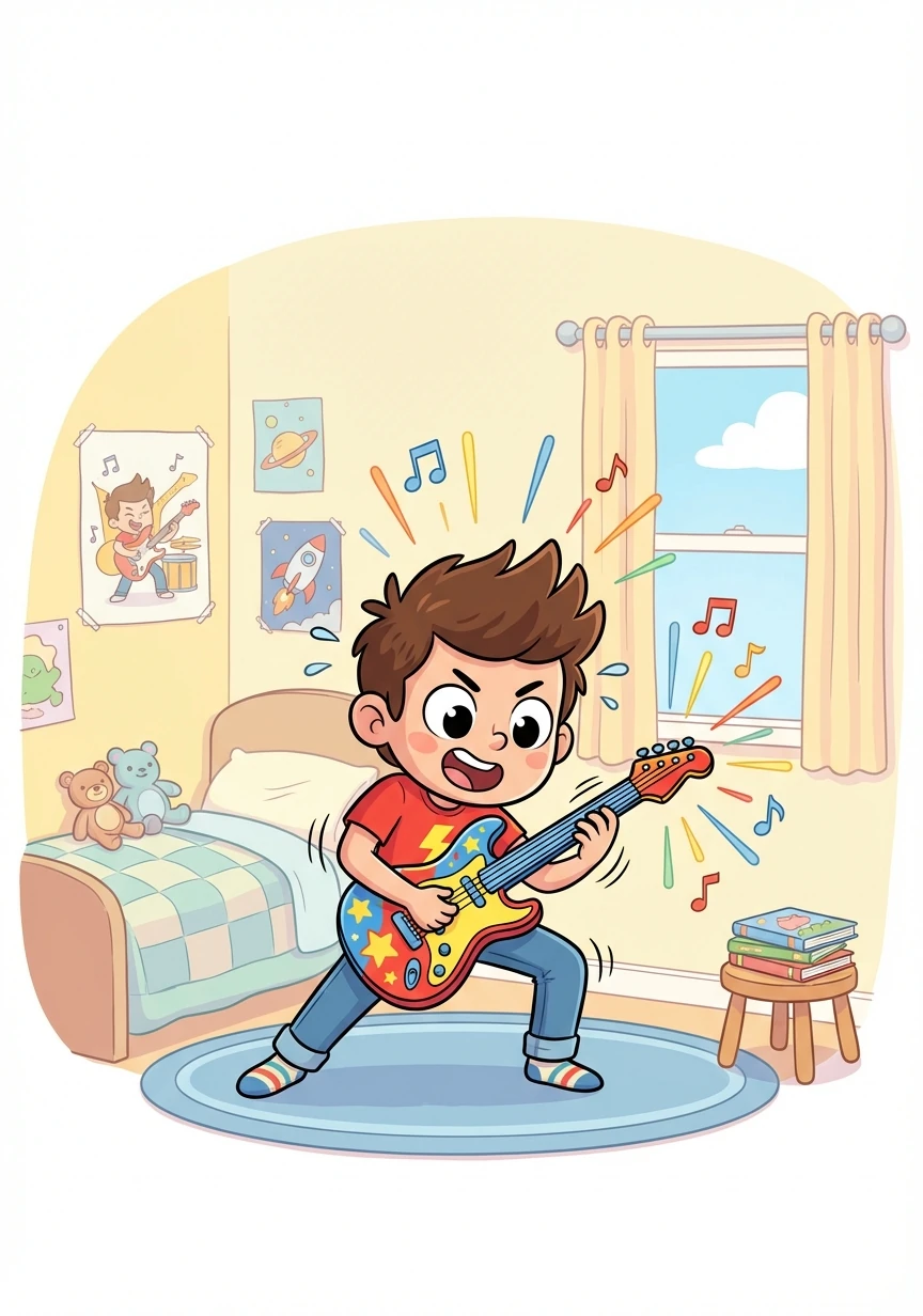 Leo grabs his toy guitar and starts practicing, mimicking the guitar riffs from the song. He's determined to learn how to play and share his love for music with the world.