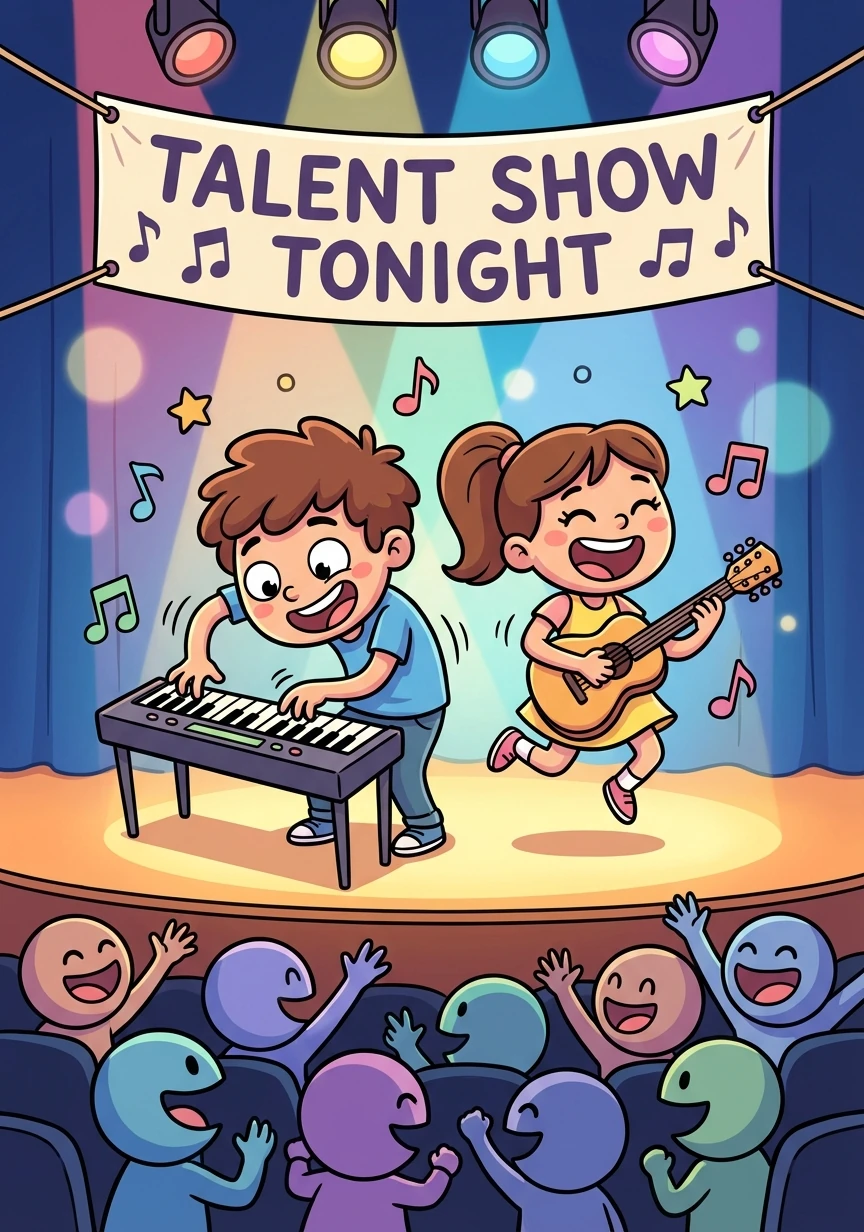 On the night of the talent show, Leo and Maya take the stage. The crowd cheers as they begin to play "Tonight," filling the auditorium with music and excitement.