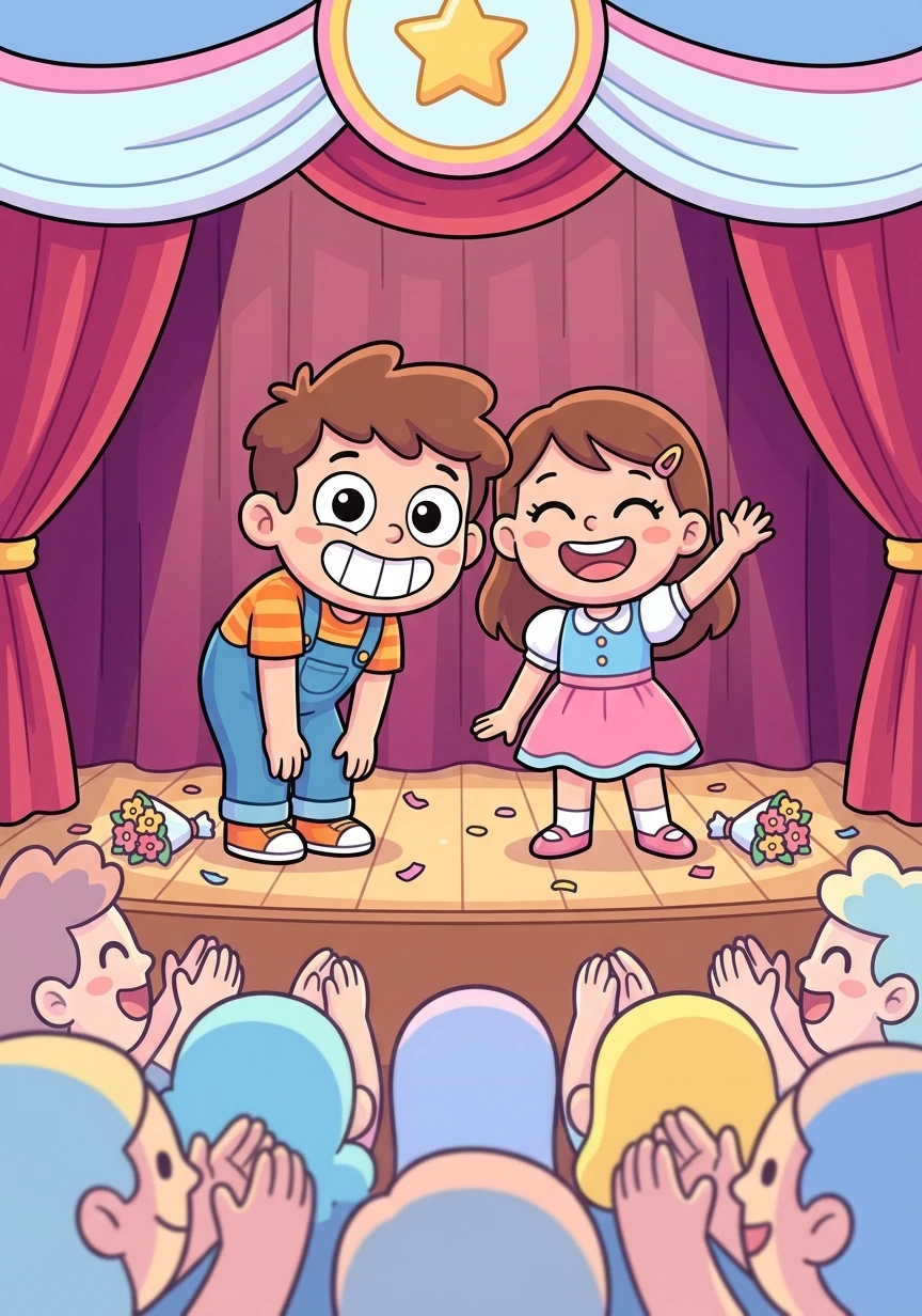Their performance is a huge success! The audience erupts in applause, and Leo and Maya feel a sense of accomplishment and joy.
