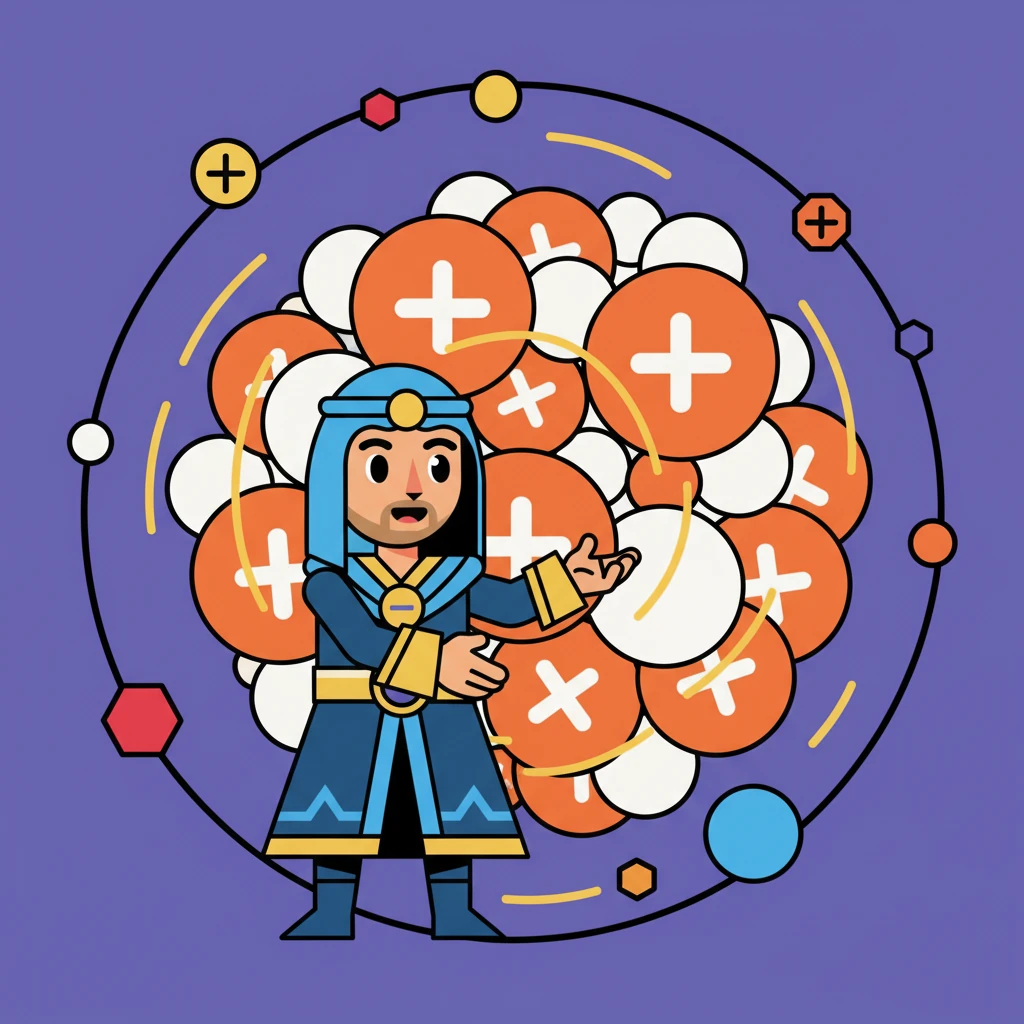 عندما وصل إيليا إلى النواة، وجد عالماً مزدحماً بالجسيمات. رأى جسيمات كبيرة ومستديرة، بعضها يحمل شحنة موجبة قوية، وبعضها الآخر لا يحمل أي شحنة على الإطلاق. كان هذا هو قلب الذرة النابض.