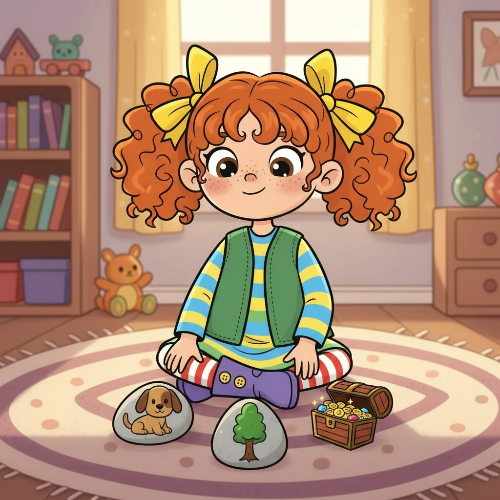 Lily loved her Story Stones. They were smooth and colorful, each with a different picture. Today, she picked three: a friendly dog, a tall tree, and a sparkling treasure chest. She knew she could create a wonderful story!