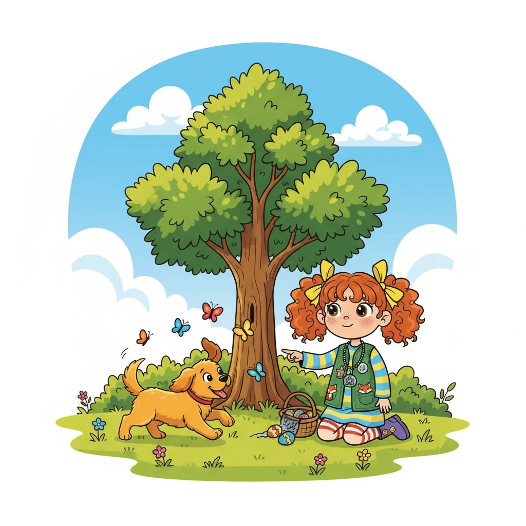 First, Lily imagined a sunny meadow where a playful dog lived. The dog loved to chase butterflies around a tall, sturdy tree. One day, the dog sniffed out a hidden path.