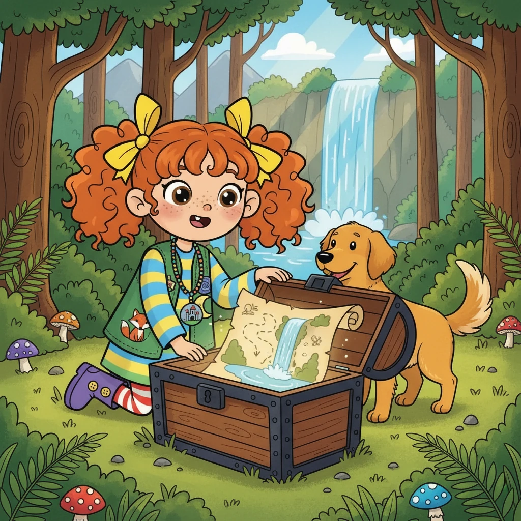 The dog and Lily opened the chest together. Inside, they found a map. It showed the way to a hidden waterfall, where even more adventures awaited!