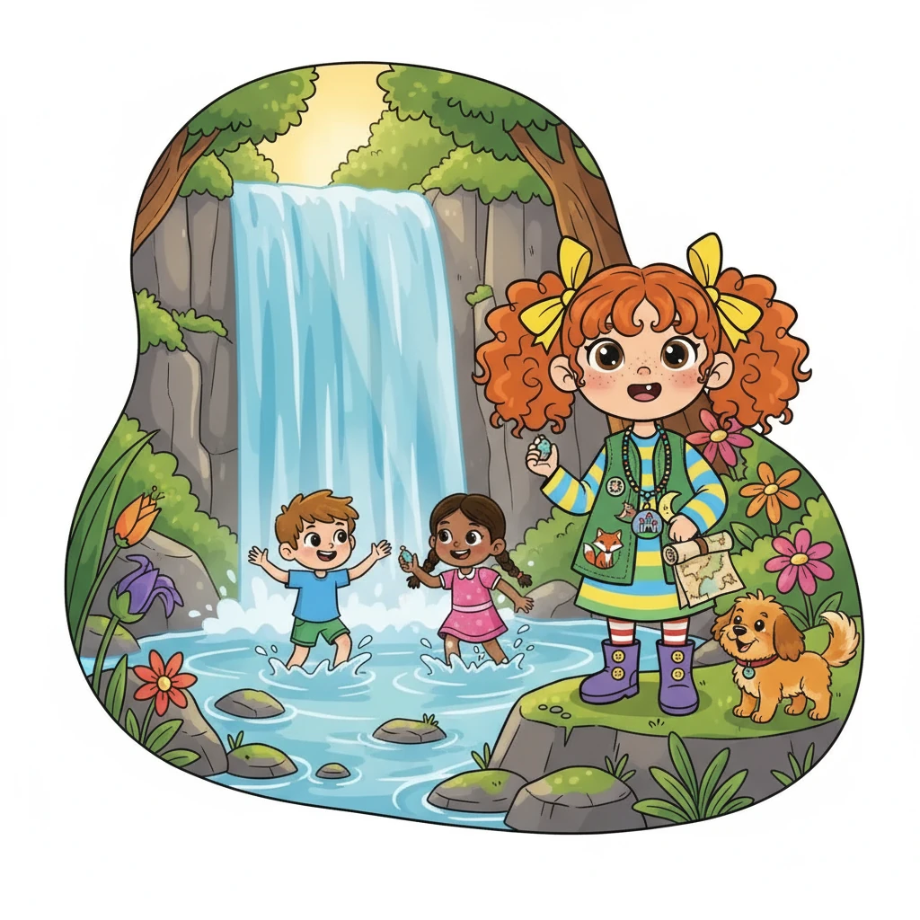 Following the map, Lily and the dog reached the waterfall. There they met new friends, and created more stories together. They knew this was only the start of their journey.