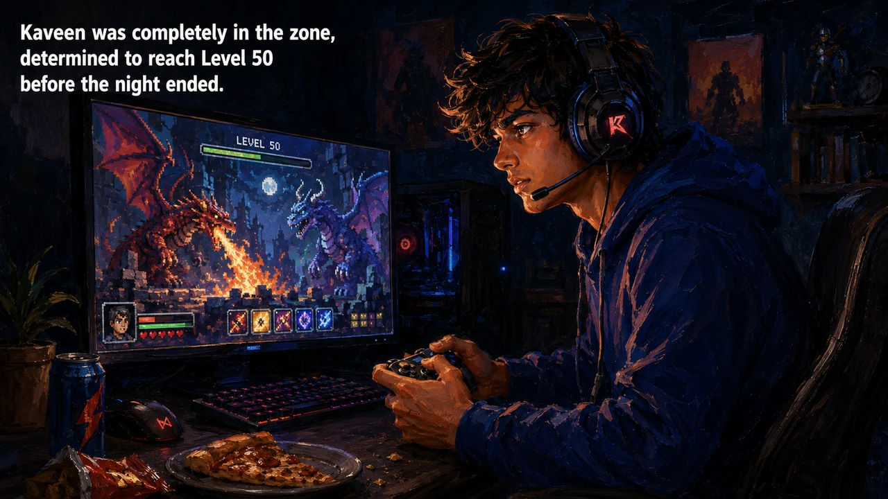 Kaveen was completely in the zone, his headset firmly on and his thumbs flying across the controller. On his monitor, pixelated dragons clashed with h