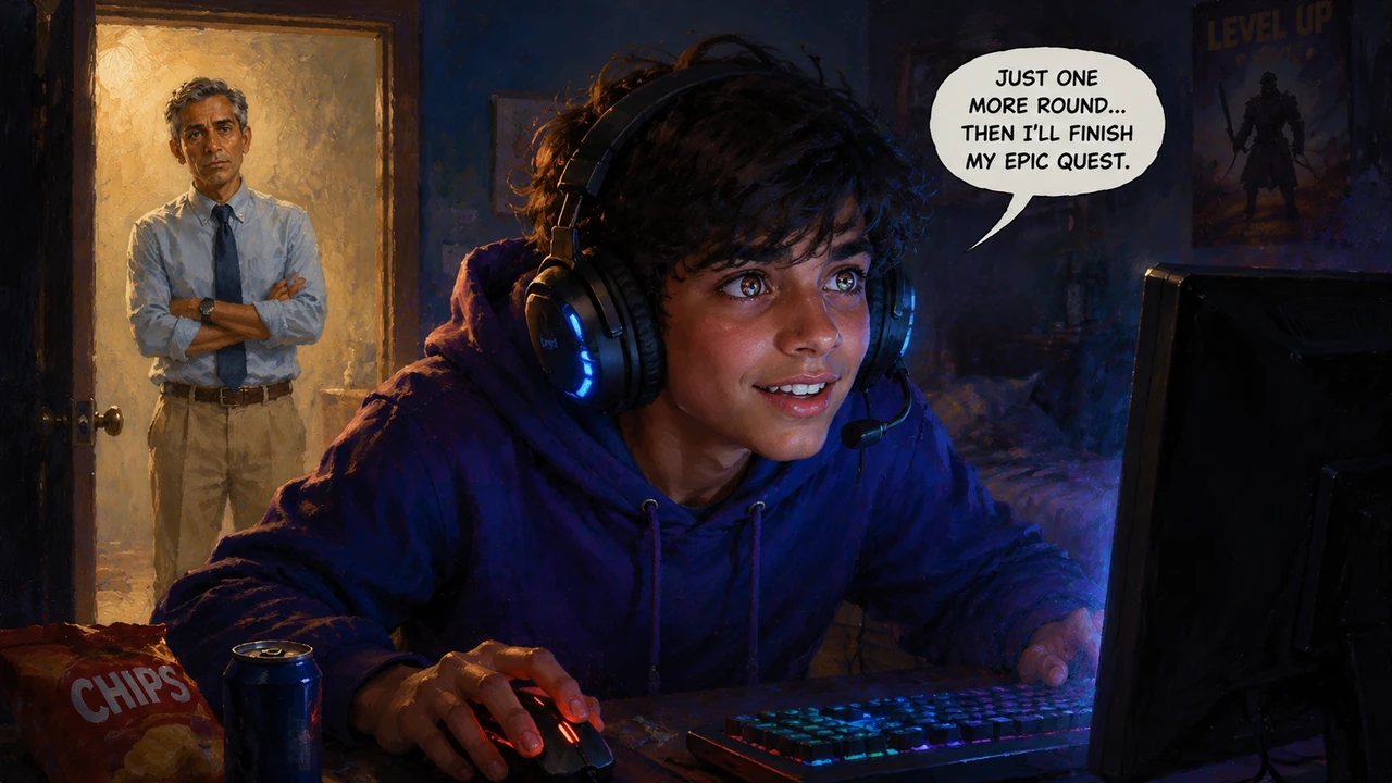 Leaning in close to the screen, Kaveen's eyes reflected the vibrant, flashing lights of the game world. He whispered to himself that he only needed on