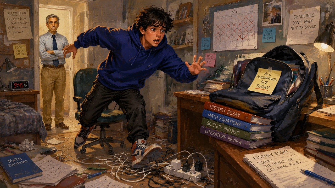 Panicking about his history essay and math equations, Kaveen leaped out of his chair and nearly tripped over a tangled mess of charging cables. He loo