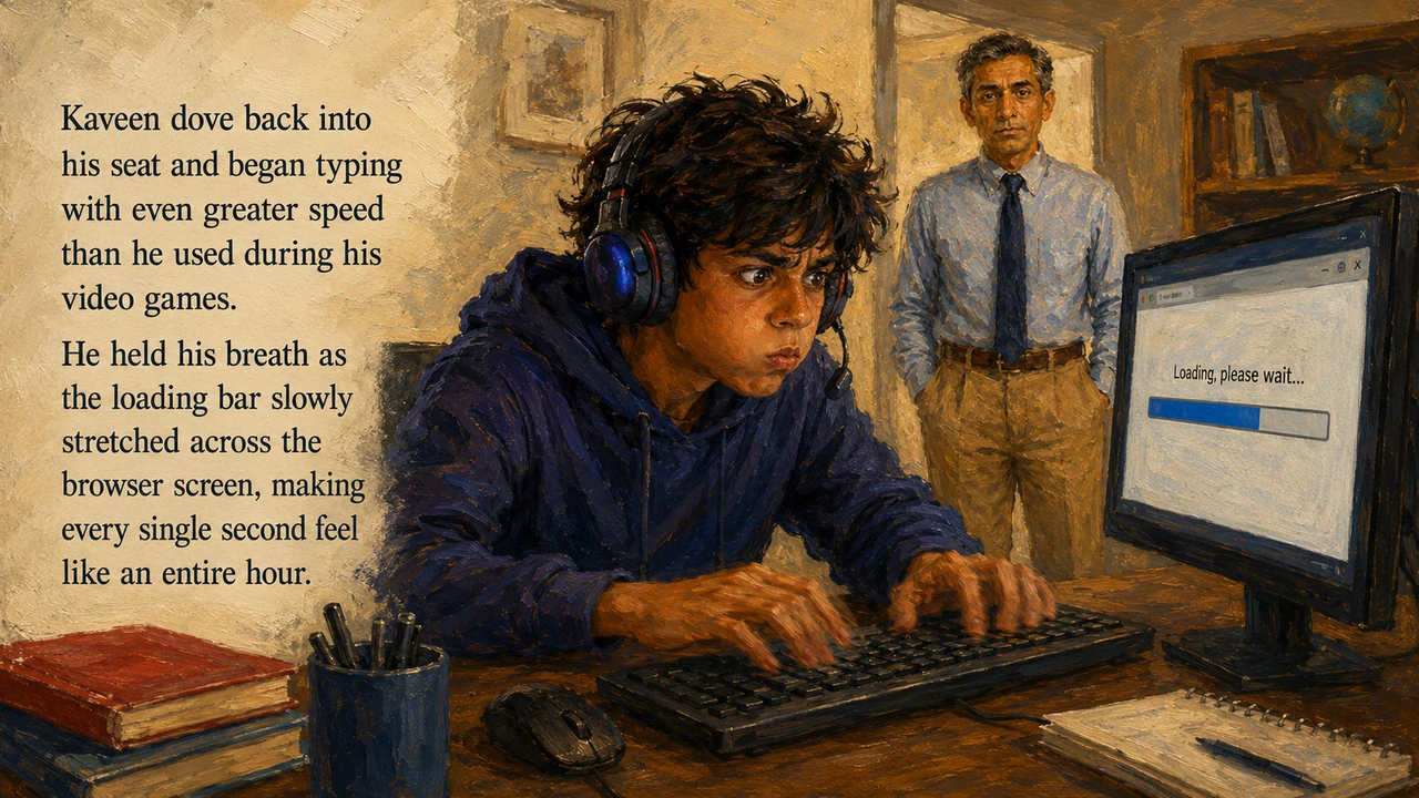 Kaveen dove back into his seat and began typing with even greater speed than he used during his video games. He held his breath as the loading bar slo