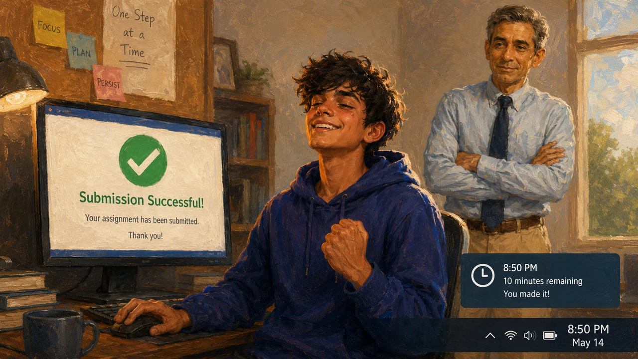 A giant green checkmark suddenly appeared on the screen alongside a successful submission message. Kaveen let out a deep breath of relief that he didn
