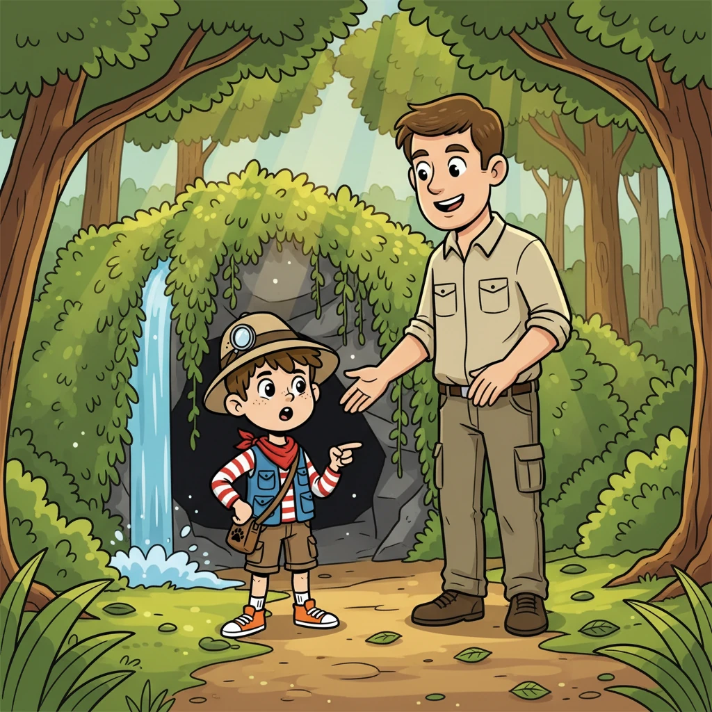 Le soleil brillait à travers les arbres, illuminant un sentier secret. Liam et son papa découvrirent une petite grotte sombre, cachée derrière une cascade de verdure. La curiosité de Liam était à son comble.