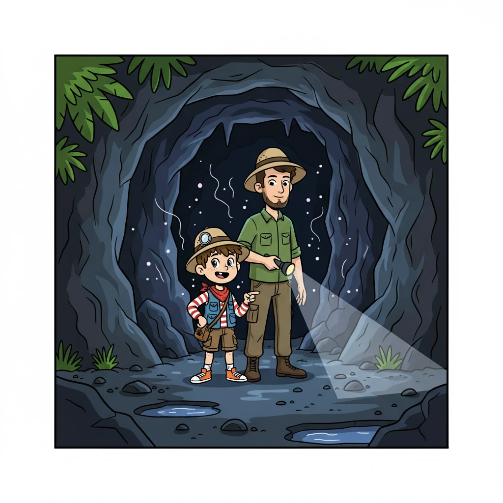 Intrépides, Liam et son papa pénétrèrent à l'intérieur. L'air devint frais et humide, et une lueur étrange se manifesta au fond de la grotte. Ils s'approchèrent avec prudence.