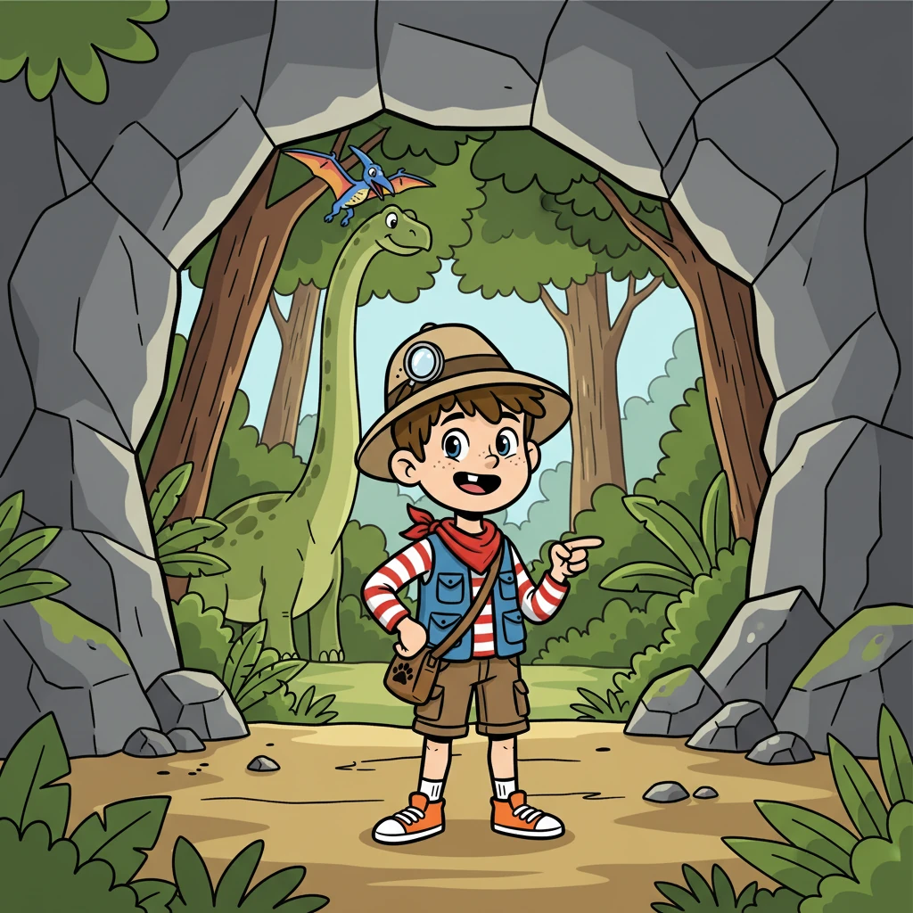 Soudain, la grotte s'ouvrit sur un monde extraordinaire ! Des arbres gigantesques, une végétation luxuriante et... des dinosaures ! Liam resta bouche bée devant ce spectacle incroyable.