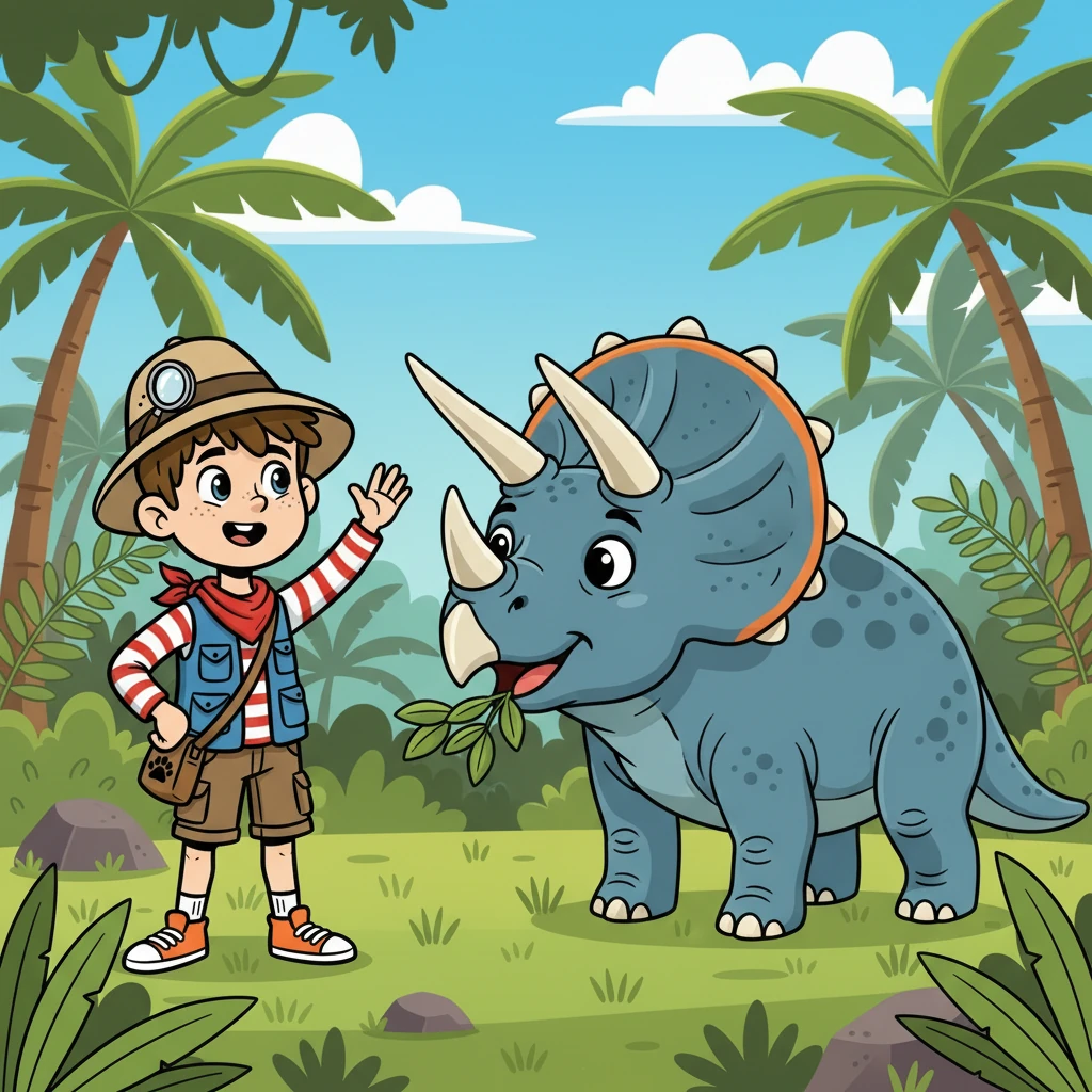 Le premier dinosaure qu'ils rencontrèrent fut un Tricératops majestueux. Liam, fasciné, lui fit signe de la main. Le Tricératops répondit par un doux grognement.