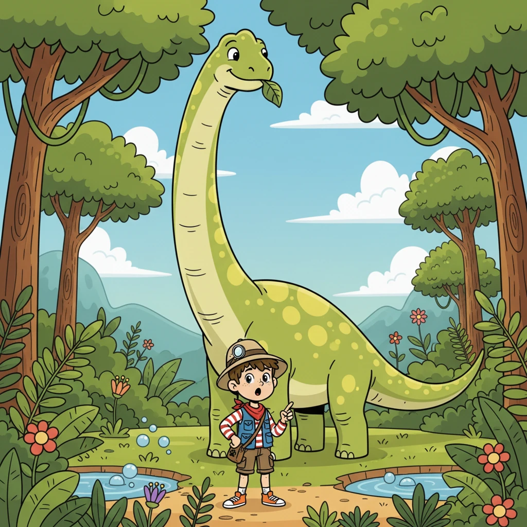Ensuite, ils croisèrent un Diplodocus immense, dont le long cou atteignait les cimes des arbres. Liam, émerveillé, observa l'herbivore géant manger paisiblement.
