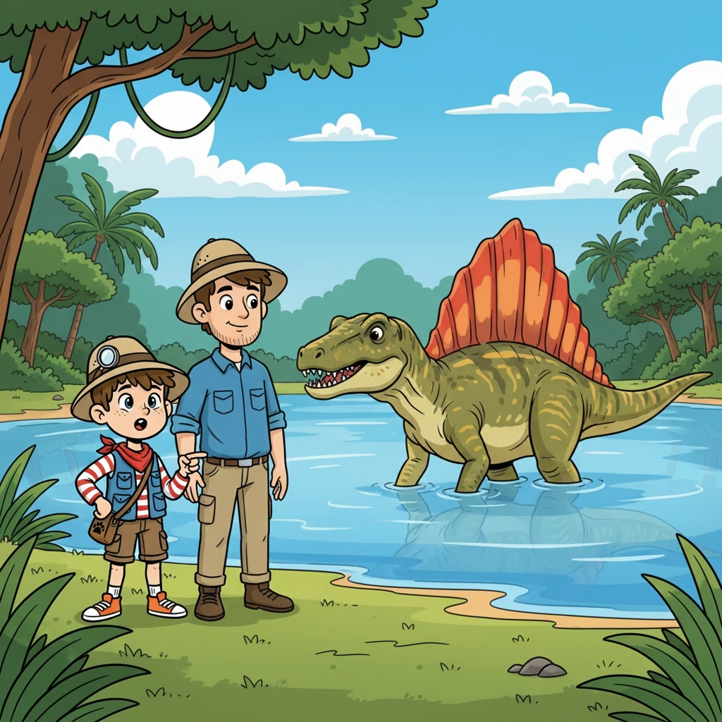 Un Spinosaurus, avec sa voile dorsale distinctive, apparut près d'un lac. Liam et son papa l'observèrent, captivés par sa grâce et sa puissance.