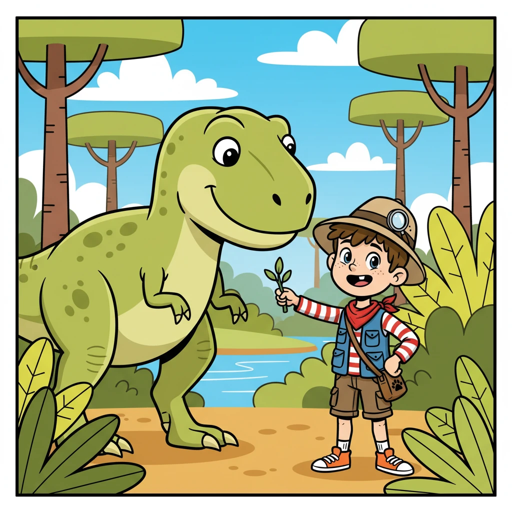 Le Tyrannosaure, loin d'être menaçant, laissa Liam approcher. Liam, avec un grand sourire, lui tendit une brindille.