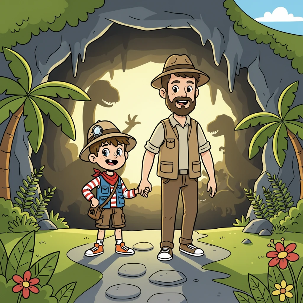 Après avoir dit au revoir à tous ces incroyables dinosaures, Liam et son papa se préparèrent à quitter la grotte, le cœur rempli de joie et d'émerveillement.