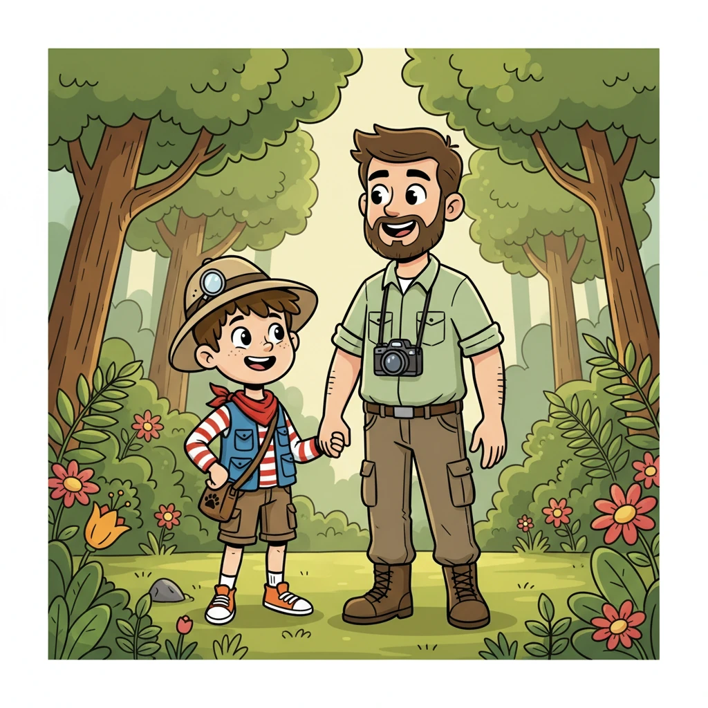 De retour dans la forêt, Liam et son papa souriaient, les yeux brillants. Ils avaient vécu une aventure inoubliable, un secret partagé, un monde de dinosaures gravé dans leur mémoire.