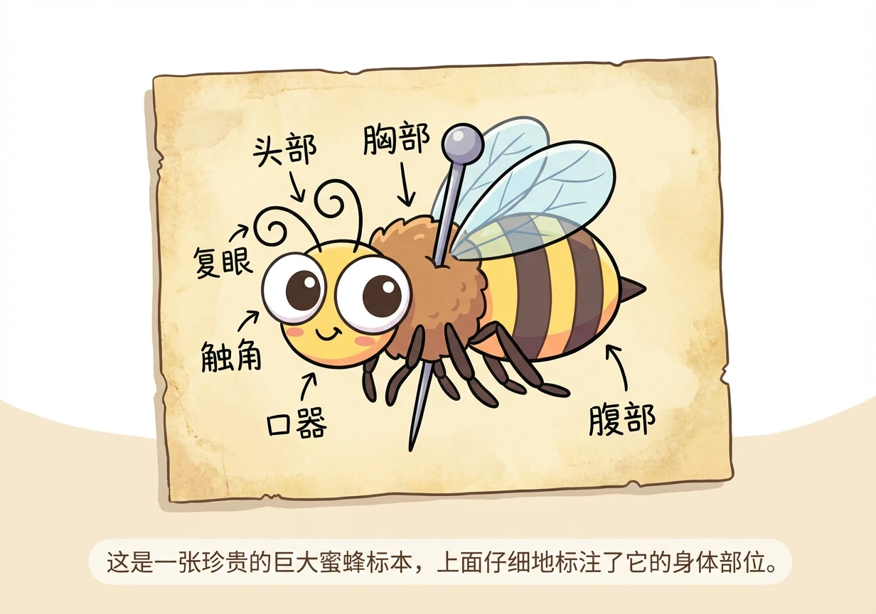 一张泛黄的纸上，固定着一只巨大的蜜蜂标本。昆虫针穿过蜜蜂的身体，周围环绕着手写的标注：头部、胸部、腹部，以及关于复眼、触角和口器的详细说明。