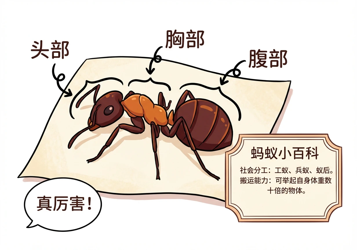 一只蚂蚁标本安静地躺在纸面上，旁边用细线标注着它的身体结构：头部、胸部、腹部，并详细介绍了蚂蚁的社会分工和搬运能力。