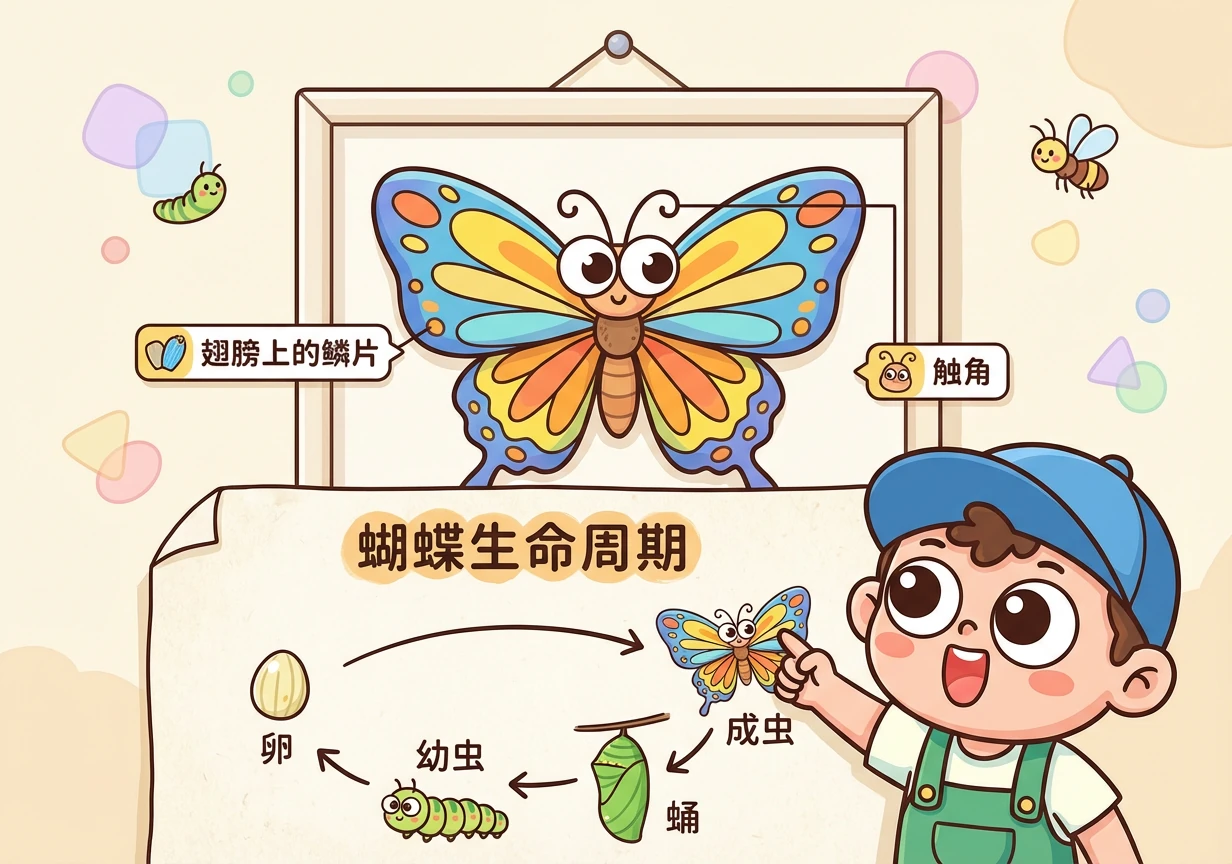 一只色彩斑斓的蝴蝶标本，翅膀展开，宛如一件艺术品。纸上标注着翅膀上的鳞片、触角以及蝴蝶的生命周期：卵、幼虫、蛹、成虫。