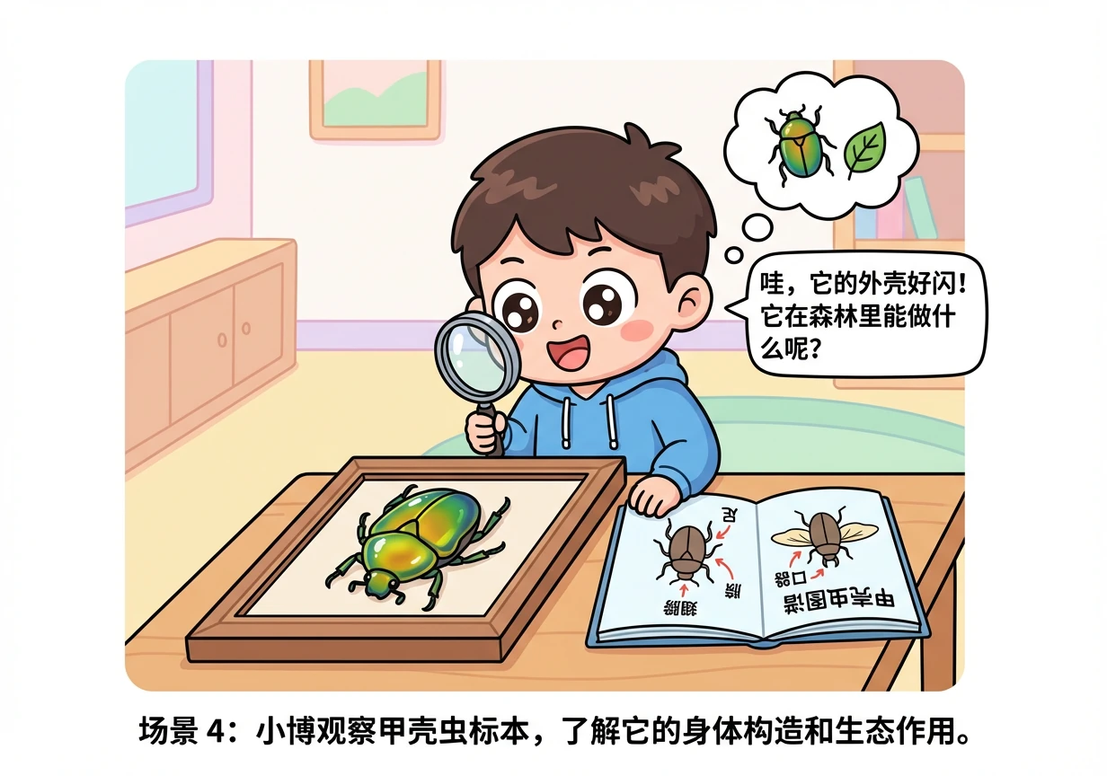 一只甲壳虫标本，坚硬的外壳闪耀着光泽。图谱详细介绍了甲壳虫的足、翅膀和口器，以及它们在生态系统中的作用。