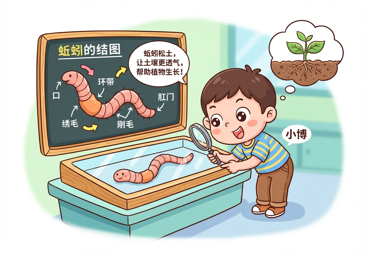 一条蚯蚓标本，身体分节明显。图谱标注了蚯蚓的身体结构，并解释了蚯蚓对土壤的益处。