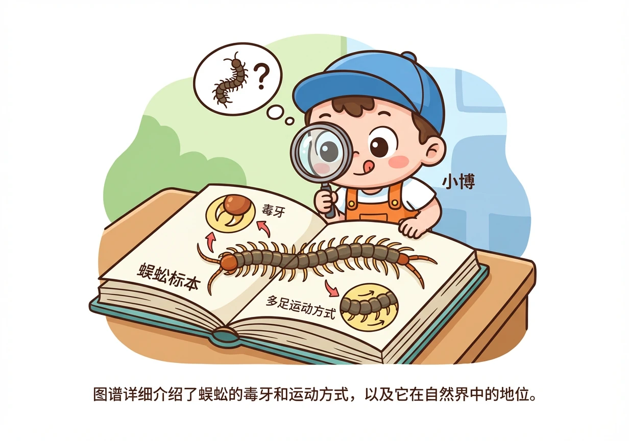 一条蜈蚣标本，身体细长，多足排列。图谱详细介绍了蜈蚣的毒牙和运动方式，以及它在自然界中的地位。