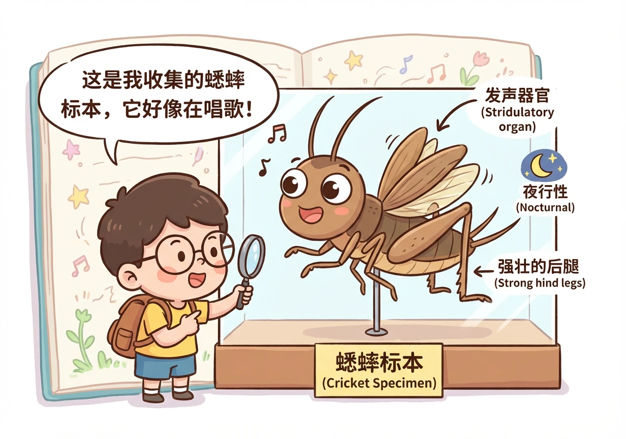一只蟋蟀标本，翅膀微微张开，仿佛在歌唱。图谱标注了蟋蟀的腿部结构和发声器官，以及它们的夜间生活。