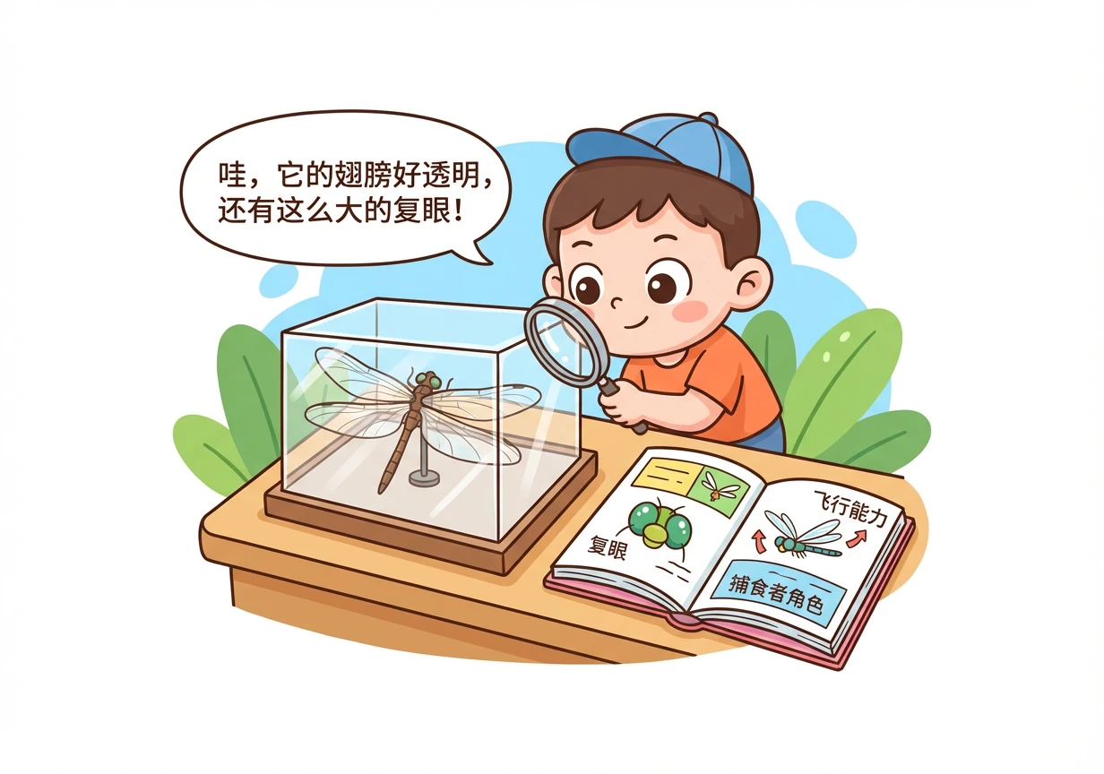 一只蜻蜓标本，翅膀透明而美丽。图谱详细介绍了蜻蜓的复眼和飞行能力，以及它们作为捕食者的角色。