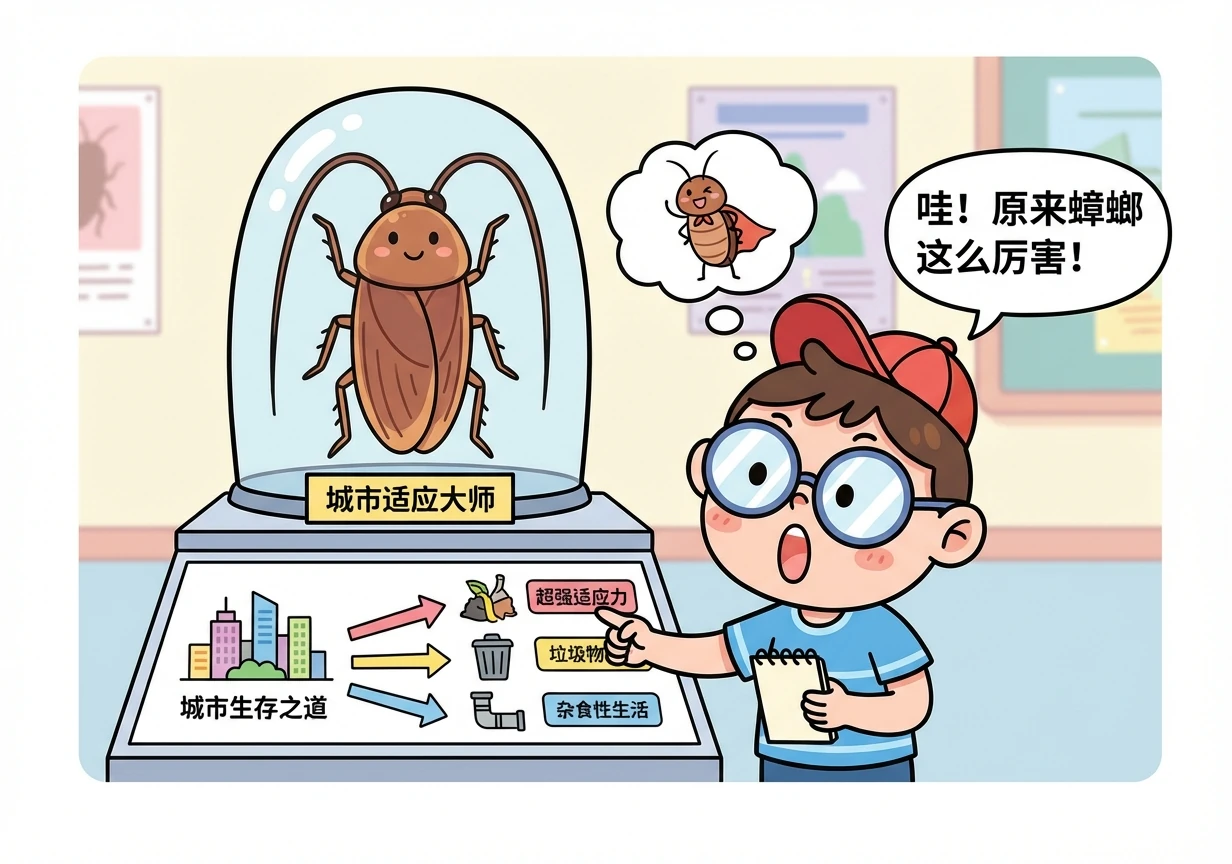一只蟑螂标本，形态真实而生动。图谱介绍了蟑螂的适应能力和生活习性，以及它们在城市环境中的生存之道。