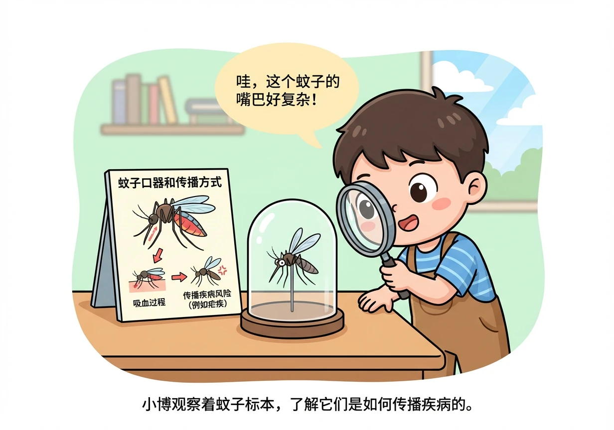 一只蚊子标本，细小的身体却充满威胁。图谱详细介绍了蚊子的口器和吸血方式，以及它们传播疾病的风险。