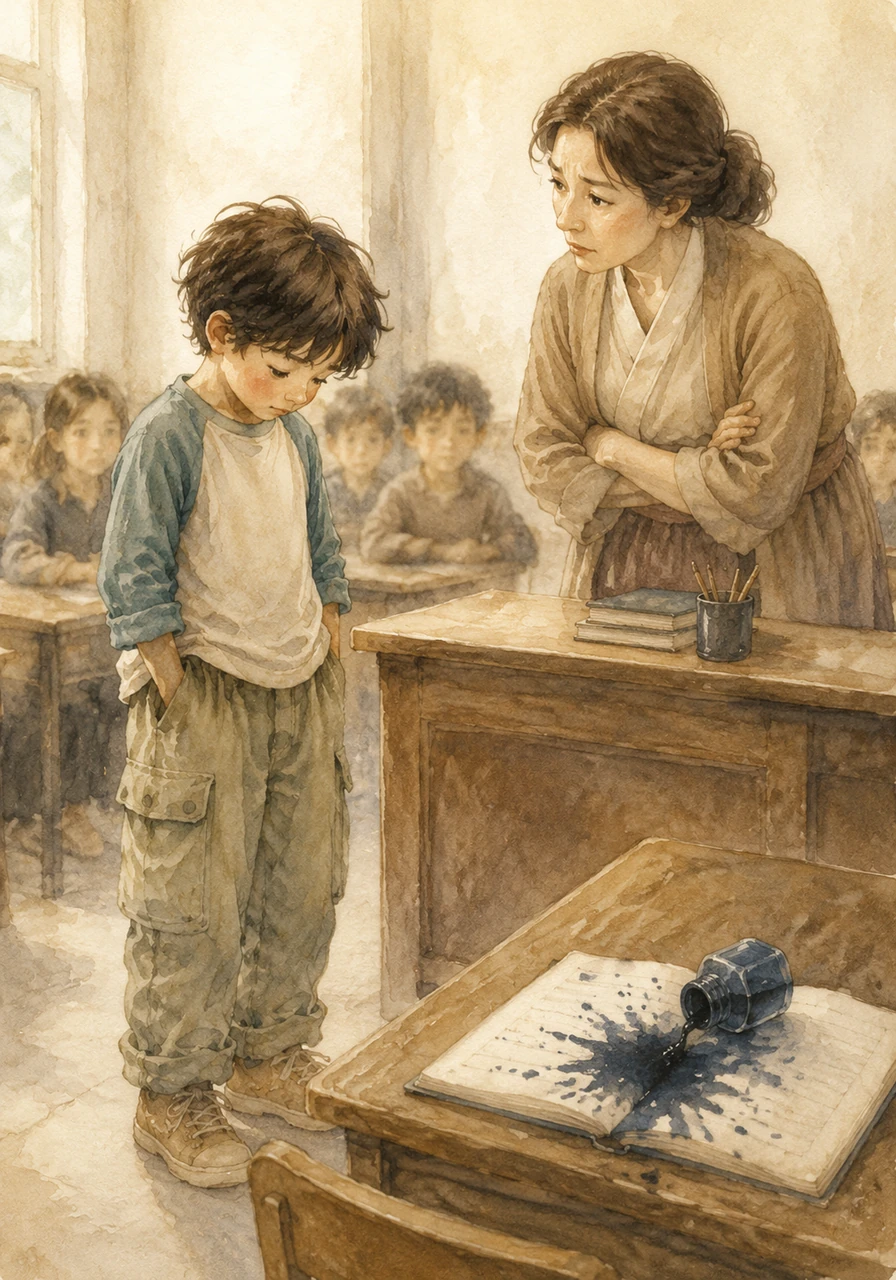 Keesokan harinya di sekolah, Beni tidak sengaja menumpahkan tinta di buku temannya saat kelas sedang kosong. Ketika guru bertanya siapa yang melakukannya, Beni terdiam dan menggelengkan kepala, berpura-pura tidak tahu apa-apa.