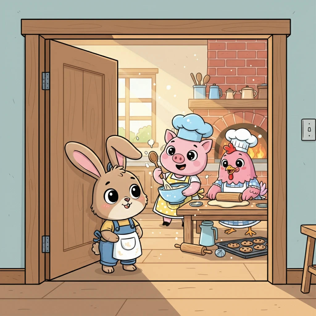 Barnaby the Bunny, usually a gardener, peeks into the bustling farmhouse kitchen. He clutches a small, flour-dusted apron, a little overwhelmed by the big ambitions of Penny the Pig and Hattie the Hen, but a spark of excitement dances in his eyes. He dreams of making something special for the Great Barnyard Bake-Off.
