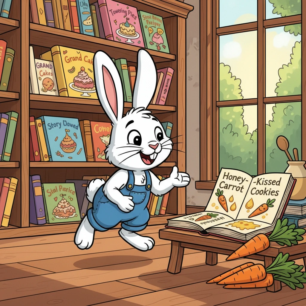 Barnaby hops over to the recipe books, his nose twitching with curiosity. He considers grand cakes and towering pies, but then spots a simple recipe for 'Honey-Kissed Carrot Cookies.' A wide smile spreads across his face; carrots are his favorite, and he knows just where to find the sweetest ones in the garden.