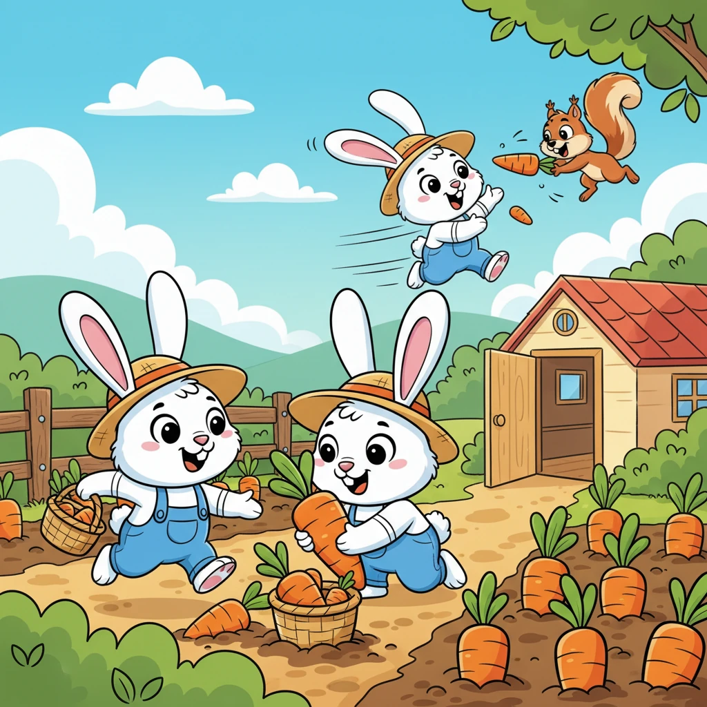With a determined hop, Barnaby ventures into Farmer Lee's bountiful garden. He carefully selects the plumpest, brightest carrots, his basket quickly overflowing. On his way back, a playful squirrel tries to snatch a carrot, leading to a comical chase before Barnaby safely returns to the kitchen.