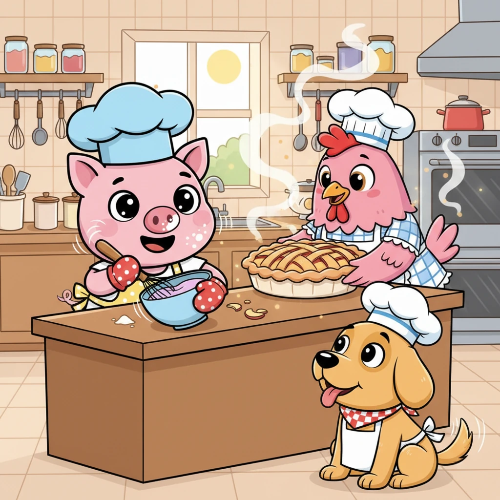Inside, the kitchen is a whirlwind of activity and delicious aromas. Penny the Pig is expertly whisking batter, flour dusting her snout, while Hattie the Hen proudly stacks golden apple slices onto her enormous pie crust. Duke the Dog watches eagerly from the side, his tail wagging and tongue lolling.