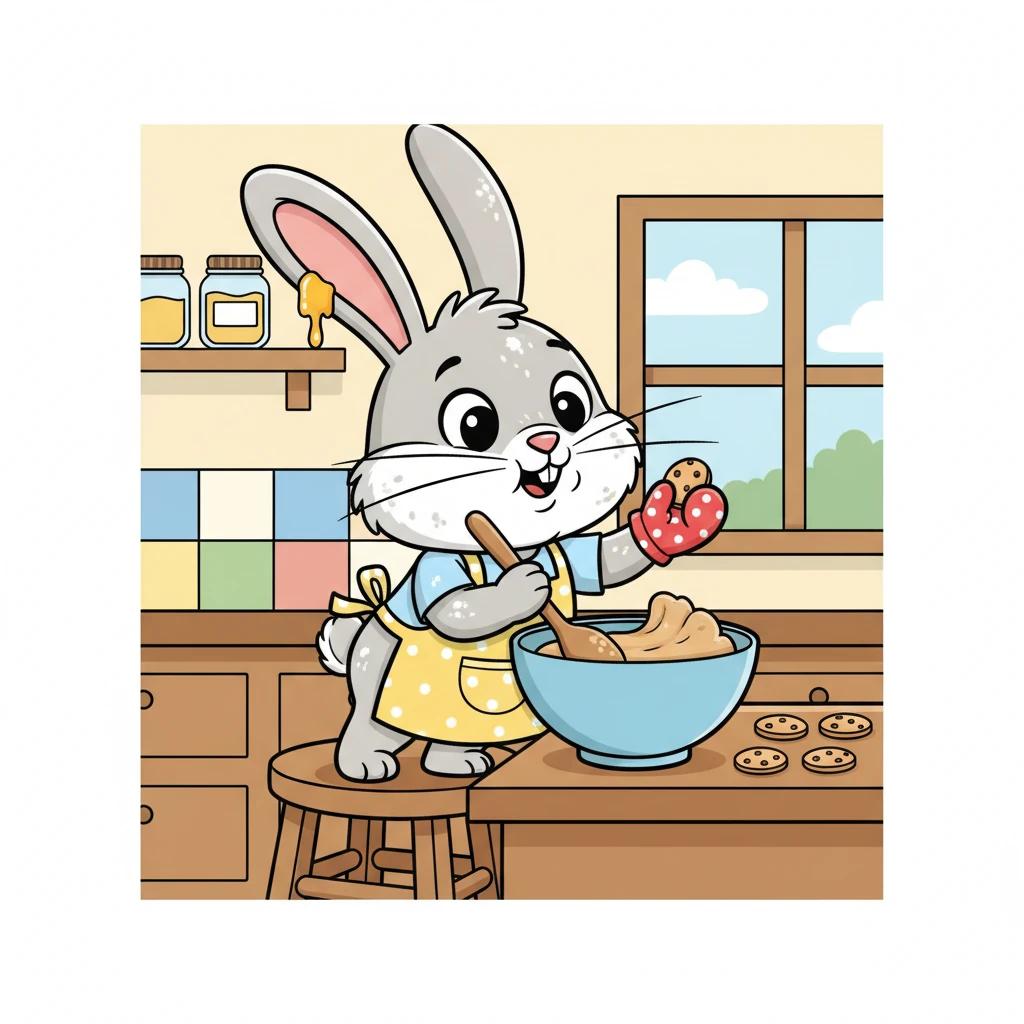 Barnaby, standing on a stool, meticulously mixes his cookie dough, humming a happy tune. Flour dusts his whiskers, and a blob of honey sticks to his ear, but he doesn't mind. He carefully shapes each cookie, imagining the joy they will bring to his friends.