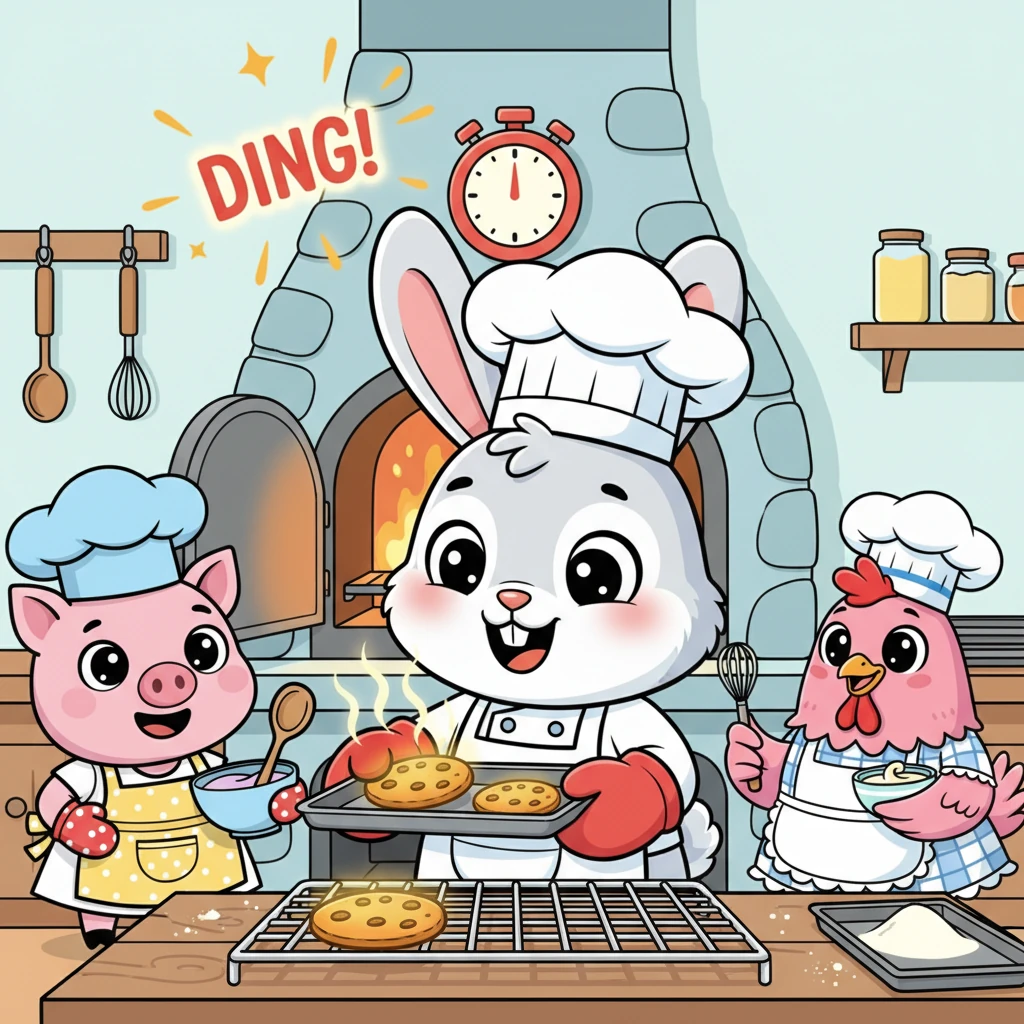 Finally, the oven timer dings with a cheerful 'DING!' Barnaby pulls out a tray of perfectly golden, aromatic carrot cookies. He beams with pride as he places them gently on the cooling rack, a little piece of his heart baked into every one. All the other animals also present their beautifully finished creations.