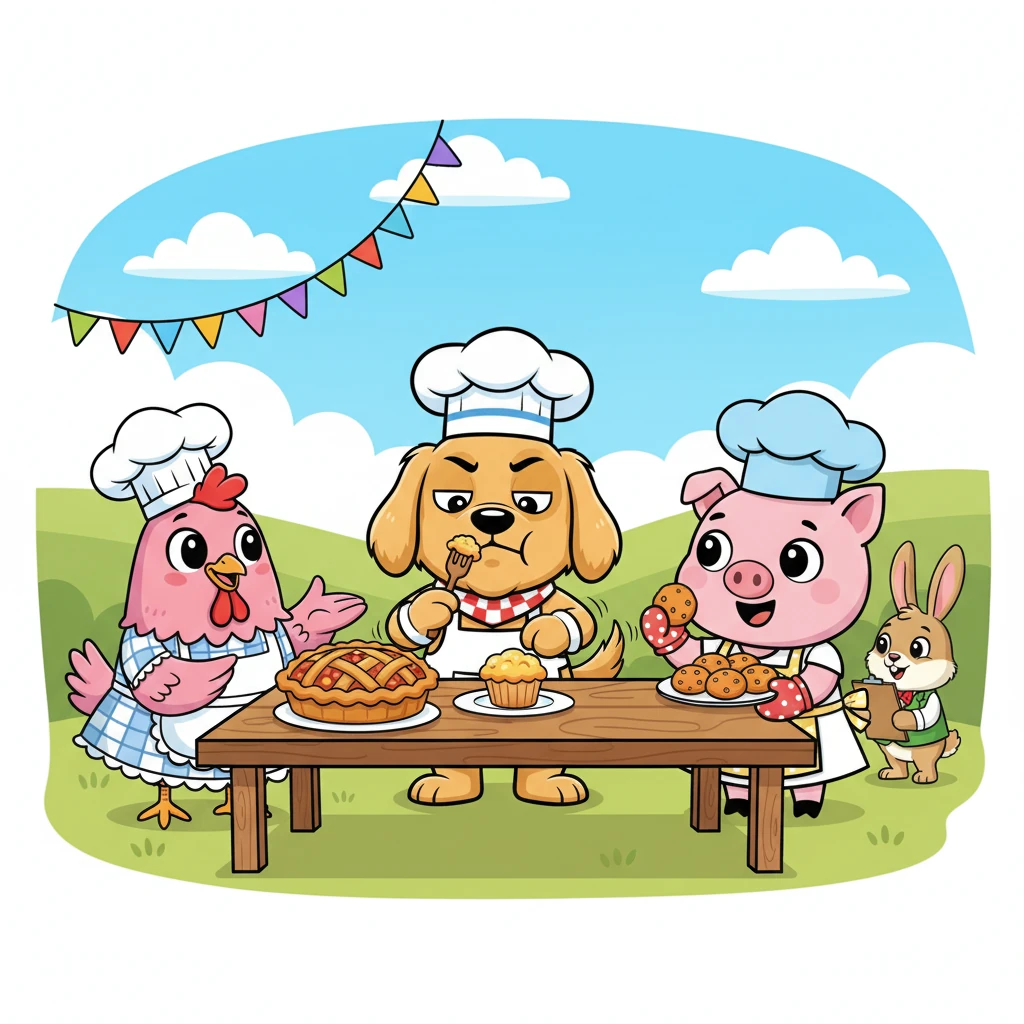 The grand tasting begins! Duke the Dog, with a judge's serious expression, samples each treat with great care. He savors Penny’s fluffy corn muffins, marvels at Hattie’s giant apple pie, and then takes a bite of Barnaby’s carrot cookies, his tail wagging furiously with delight.