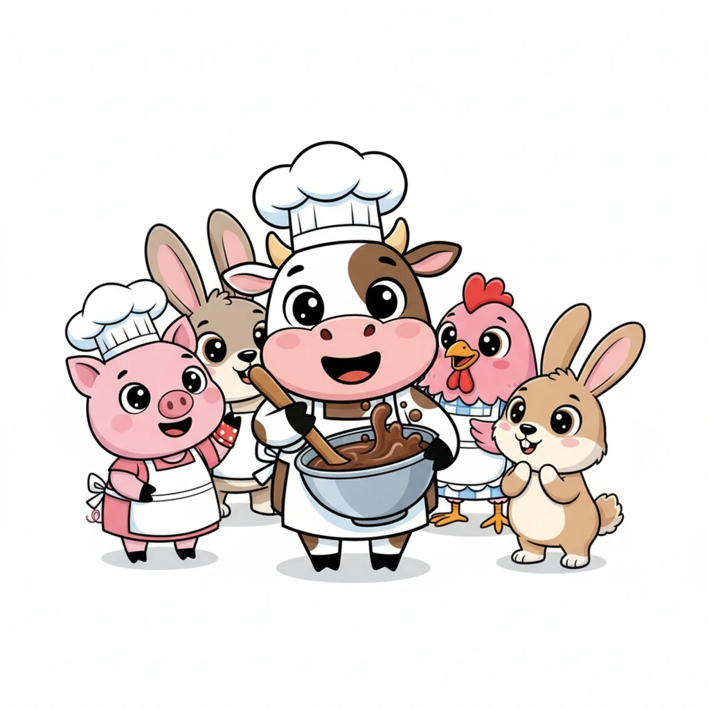 Chloe the Cow, adorned with a tall chef's hat, prepares her special chocolate milkshake. She churns it with gusto, a sweet, frothy masterpiece ready for the champion. All the animals gather around, their eyes sparkling with anticipation.