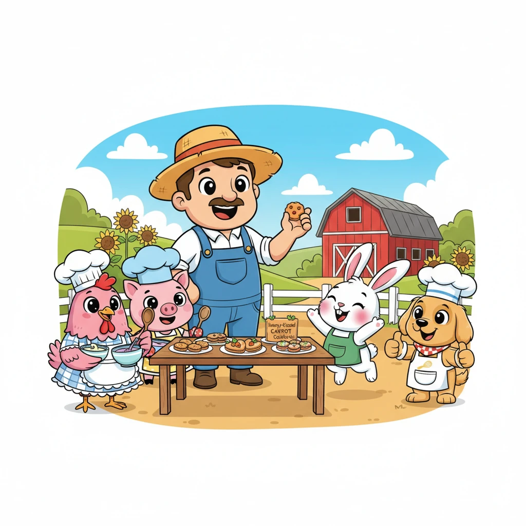 Farmer Lee, appearing just in time, tastes each entry and then smiles broadly. "Every treat is wonderful," he declares, "but for its unique flavor and heartwarming charm, the winner of this year's Great Barnyard Bake-Off is... Barnaby the Bunny and his Honey-Kissed Carrot Cookies!" Barnaby blushes, hopping with joy.
