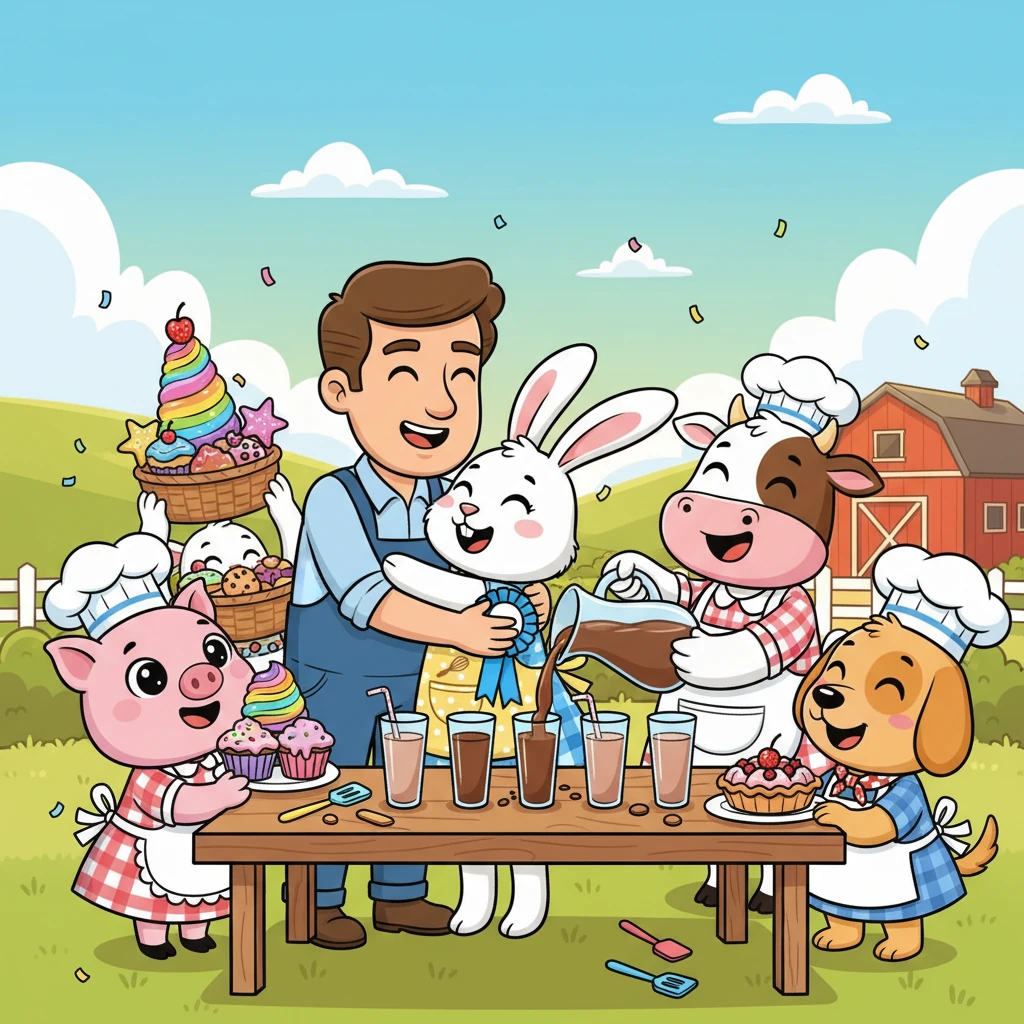 Cheers erupt as Barnaby receives a shiny blue ribbon and a big hug from Farmer Lee. Chloe pours generous glasses of her delicious chocolate milkshake, and everyone shares their amazing baked goods, celebrating friendship, effort, and the sweet joy of baking together.