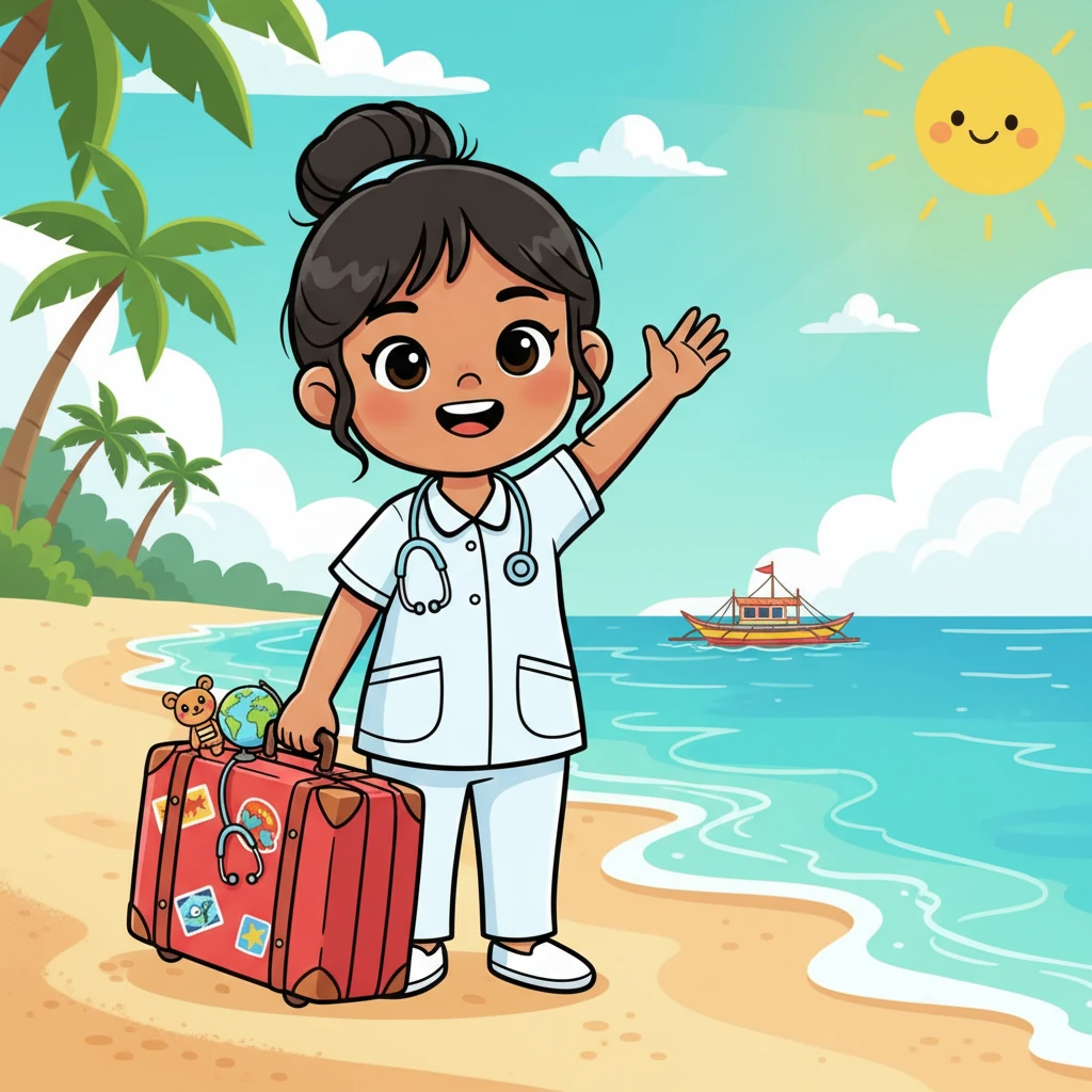 Young Cherie, with a hopeful smile, waves farewell to the vibrant shores of the Philippines. Her suitcase is packed with dreams as she embarks on a grand adventure, ready to embrace a new life as a nurse in a faraway land. The sun shines brightly, reflecting her optimistic spirit.