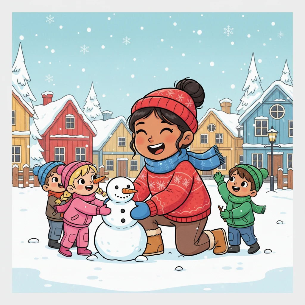 Cherie arrives in a charming Swedish village, now a friendly nanny surrounded by playful children. Snowflakes dance around her as she helps them build a cheerful snowman, her laughter echoing through the crisp winter air. She quickly becomes a beloved part of their family.