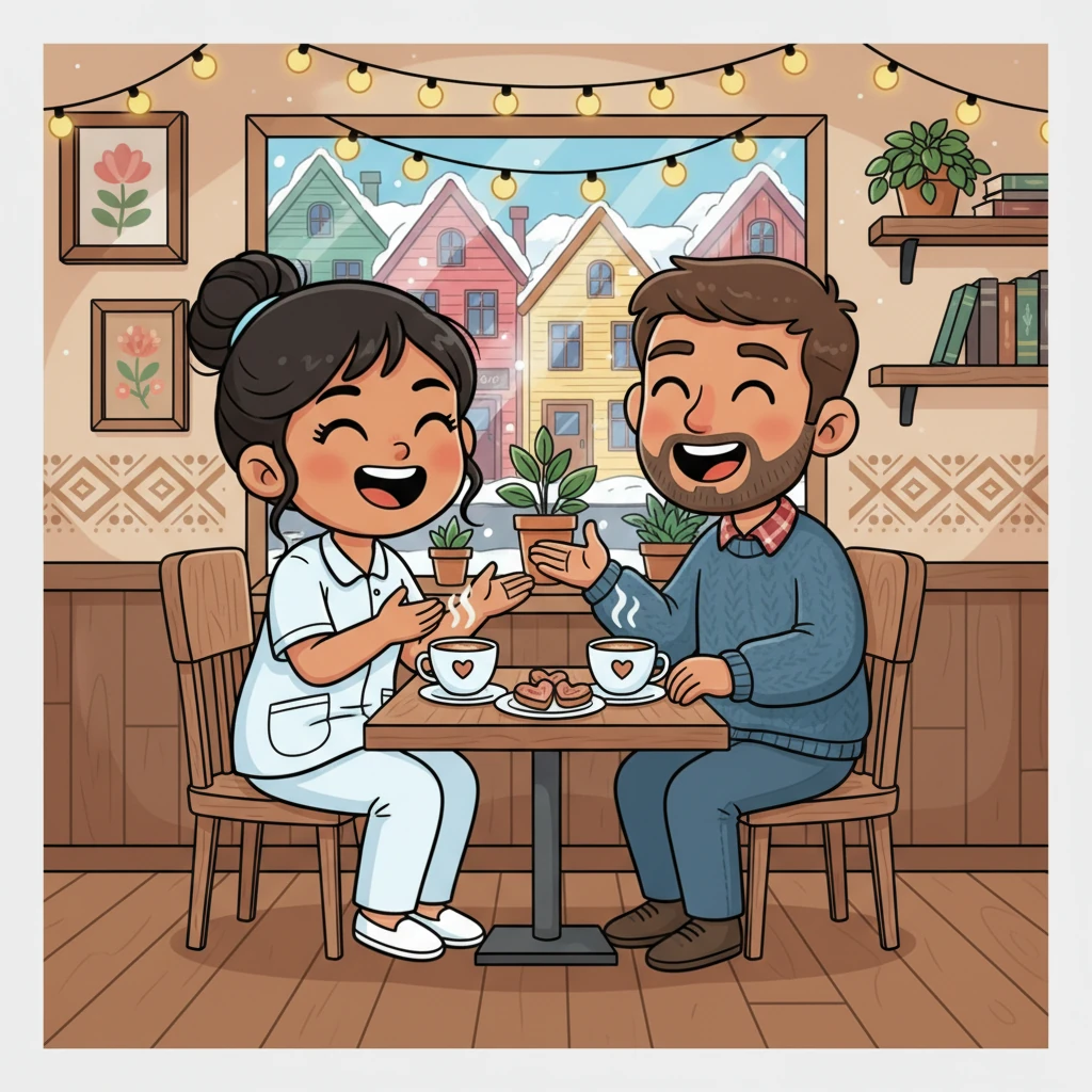In a cozy Norwegian café, Cherie meets a kind-hearted man with a warm smile. They share stories and laughter over steaming cups of coffee, feeling an instant connection. Their budding romance blossoms amidst the charming town.