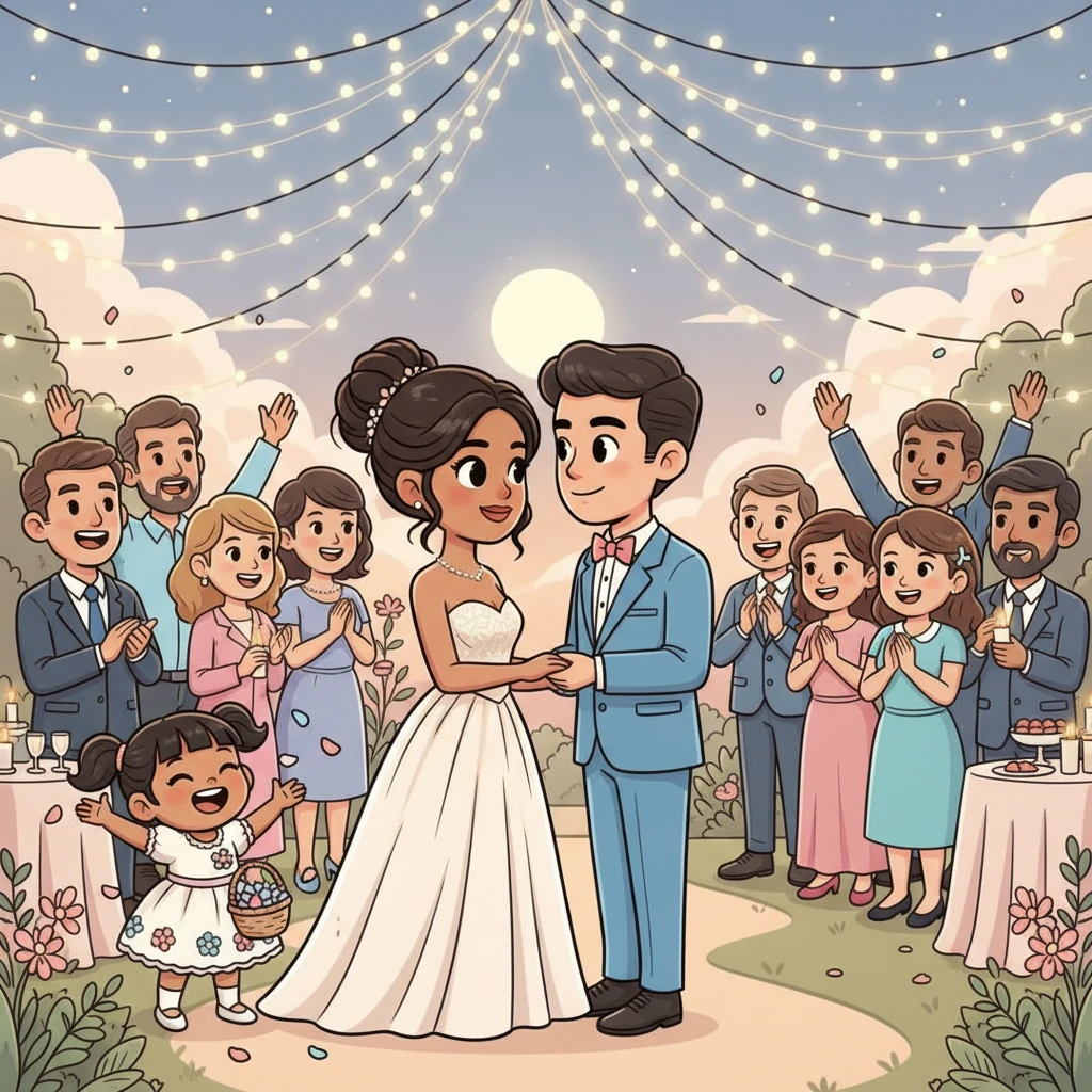 Cherie and her new partner exchange vows under a canopy of twinkling lights, surrounded by happy friends and family. Luna, dressed in a tiny flower girl dress, beams with joy as her mother finds lasting happiness and a loving family. It is a day filled with celebration.